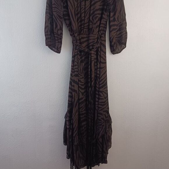 ba&sh Animal Print Selena Maxi high low Ruffle Zebra Print Dress Brown size XS - Picture 8 of 13